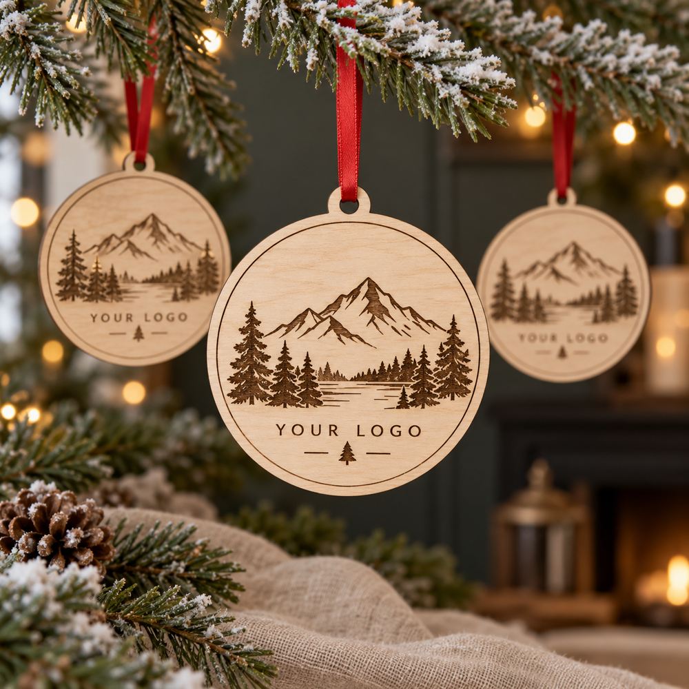 Sample birch logo ornaments hanging on an evergreen branch